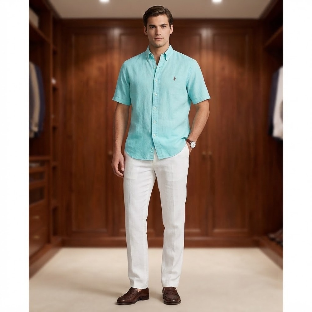 Ralph Lauren Blake Mens XXL Pale Green Cotton Short Sleeve Button Down Shirt
